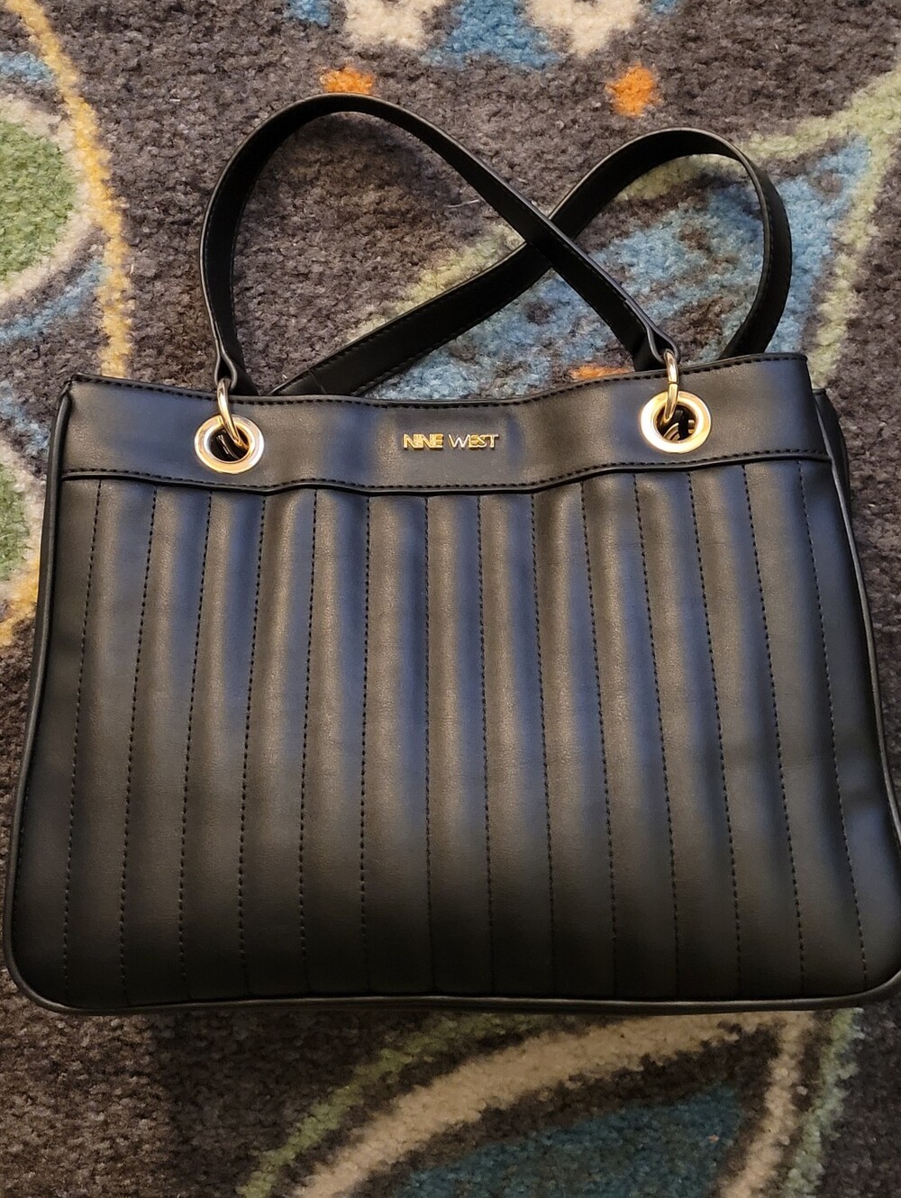 Nine West Black Quilted Shoulder Tote with Gold Accents